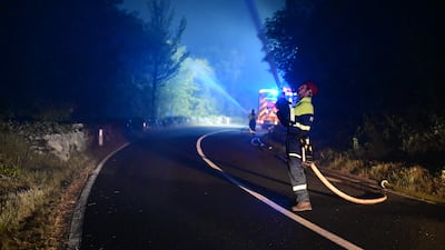 Firefighters tackle a blaze close to the village of Opatje Selo, western Slovenia. AFP