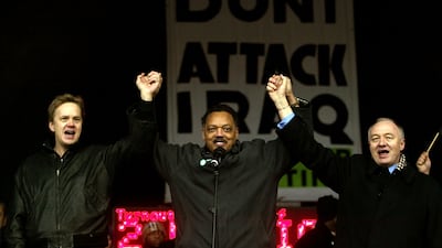 Actor Tim Robbins, Reverend Jesse Jackson and Mayor of London Ken Livingstone at the demonstration