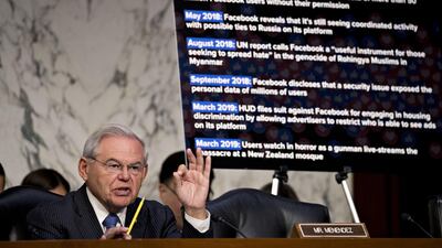 Senator Robert Menendez, a Democrat from New Jersey, questions David Marcus, head of blockchain with Facebook, not pictured, during a Senate Banking Committee hearing in Washington. Bloomberg