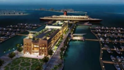 An artist's rendering showing the cruise liner QE2 docked on the Palm Jumeirah in Dubai.