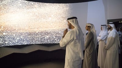 Sheikh Mohammed bin Zayed tours the Museum of the Future exhibit. With him are Mohammed Mubarak Al Mazrouei, Undersecretary of the Crown Prince Court of Abu Dhabi, back right, Ahmed Juma Al Zaabi, Deputy Minister of Presidential Affairs, rear, second right, and Sheikh Mansour bin Zayed, Deputy Prime Minister and Minister of Presidential Affairs, rear third right. Mohamed Al Hammadi / Crown Prince Court - Abu Dhabi