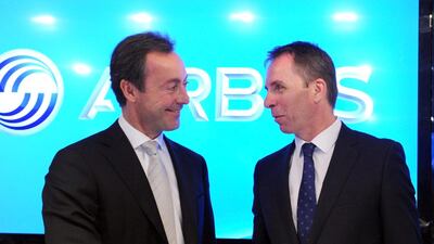 Wizz Air chief Jozsef Varadi, right, with Airbus president Fabrice Bregier after signing an agreement for the biggest single order for the popular A321neo aircraft. Eric Piermont / AFP
