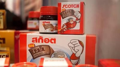 Chocolate- flavoured chicken essence drink on display at the Gulfood exhibition in Dubai World Trade Centre. The essence of chicken is made by a company called "Scotch" from Thailand.