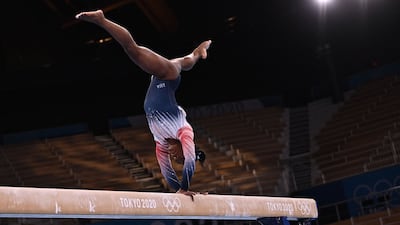 USA's Simone Biles competes in the artistic gymnastics women's balance beam final.