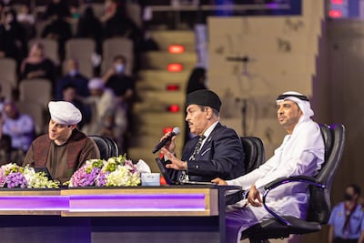 Members of the judging panel, from left: Sufi singer Sheikh Mahmoud El Tohamy, Tunisian singer Lotfi Bouchnak and Emirati singer Ahmed Bukhatir. Photo: NNCPR