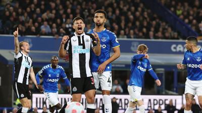 Frustrated Newcastle midfielder Bruno Guimaraes watches the ball go out. Reuters