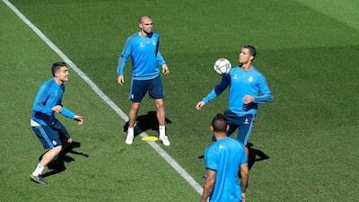 Cristiano Ronaldo of Real Madrid controls the ball during a training session ahead of the Uefa Champions League semi-final second leg between Real Madrid and Manchester City at Valdebebas training ground on May 3, 2016 in Madrid, Spain. (Photo by Gonzalo Arroyo Moreno/Getty Images)