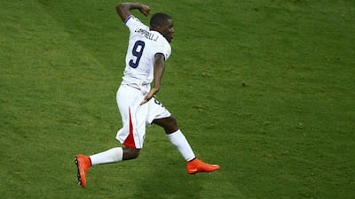Joel Campbell celebrates his equalising goal for Costa Rica on Saturday that made it 1-1 against Uruguay in the eventual 3-1 win at the 2014 World Cup in Fortaleza, Brazil. Mike Blake / Reuters / June 14, 2014