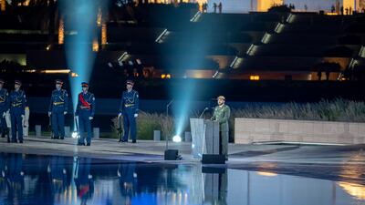A member of the UAE Armed Forces delivers a speech during the Commemoration Day ceremony at Wahat Al Karama. Photo: Mohamed Al Hammadi / Ministry of Presidential Affairs