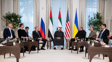 President Sheikh Mohamed meets heads of delegations participating in the UAE-hosted trilateral talks between the US, Russia and Ukraine, at Al Shati Palace on Friday. Photo: UAE Presidential Court