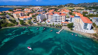 An aerial seaside view of St. George University School of Medicine campus.