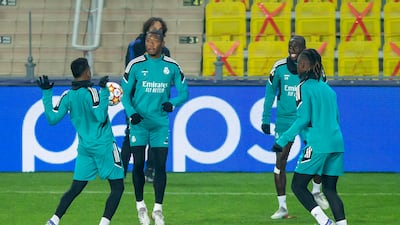 David Alaba of Real Madrid and teammates during a training session on the eve of the Champions League Group D match against Sheriff Tiraspol. EPA