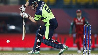 Ireland’s William Porterfield bats during the ICC World T20 2016 cricket tournament against Oman at the Himachal Pradesh Cricket Association (HPCA) stadium in Dharmsala, India, Wednesday, March 9, 2016. (AP Photo /Ashwini Bhatia)
