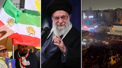 From left to right, anti-Iranian regime protesters demonstrate in Brussels, Belgium; Iran's Supreme Leader Ayatollah Ali Khamenei and protests in Mashhad, Razavi Khorasan Province on January 8. AFP / EPA / Reuters