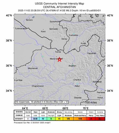 A handout shakemap made available by the United States Geological Survey shows the location of a 6.3-magnitude earthquake. EPA