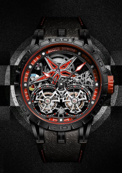 The new double tourbillon addition to Roger Dubuis' Excalibur range features rubber inlays from Pirelli racing tyres