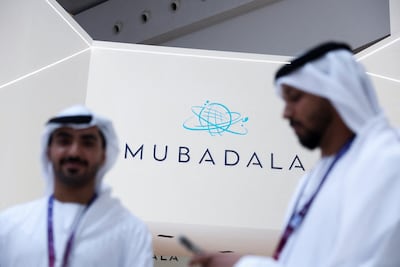 The Mubadala logo at the Make it in the Emirates conference in Abu Dhabi on May 4. Reuters
