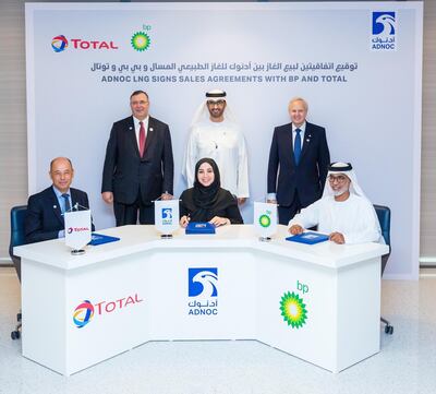 Adnoc LNG concluded supply agreements with subsidiaries of BP and TOTAL, booking out the majority of its LNG production through the first quarter of 2022. The signing of the agreements was witnessed by Dr Sultan Ahmed Al Jaber, UAE Minister of State and Adnoc Group CEO; Bob Dudley, Group CEO of BP and Patrick Pouyanné, Chairman and CEO of Total. Courtesy Adnoc