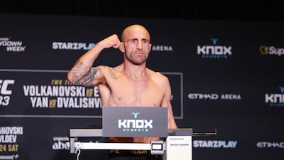 UFC featherweight champion Alexander Volkanovski weighs in for his fight against Movsar Evloev at UFC 333 in Abu Dhabi. All images Chris Whiteoak / The National