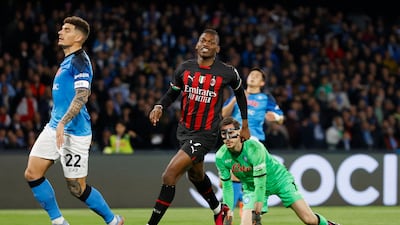 AC Milan's Rafael Leao celebrates scoring against Napoli at the Stadio Diego Armando Maradona in Naples. Reuters