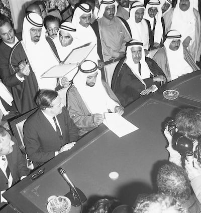 Ahmed Khaleefa Al Suwaidi stands to read the statement of declaration of the establishment of the UAE on December 2, 1972. Alittihad