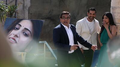 Shruti Hassan, John Abraham and Paresh Rawal during the shooting of Welcome Back at Sofitel hotel in Palm Jumeirah in Dubai. Pawan Singh / The National