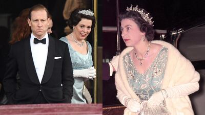 Left: Olivia Colman as Queen Elizabeth II and Tobias Menzies as Prince Phillip on the set of 'The Crown'. Right: Queen Elizabeth II arriving London's Royal Opera House in 1968. Splash News, Getty