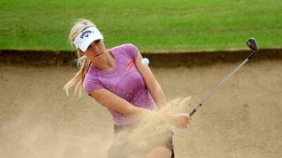 Paige Spiranac of the United States in action during her practice round as a preview for the 2015 Omega Dubai Ladies Masters on the Majlis Course at The Emirates Golf Club on December 7, 2015 in Dubai, United Arab Emirates. (Photo by David Cannon/Getty Images)