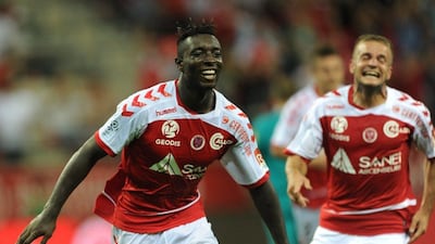 Reims forward Grejohn Kyei celebrates after scoring a goal during the team's win over Lorient in Ligue 1 on Saturday. Francois Lo Presti / AFP / August 29, 2015