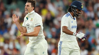 Australia bowler Pat Cummins celebrates after dismissing KL Rahul of India for seven. Getty Images