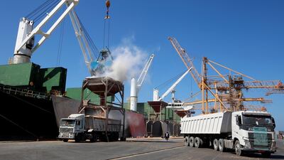 A ship unloads its shipment of grain at the Red Sea port of Hodeidah. Abduljabbar Zeyad / Reuters