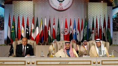 Arab League Secretary-General Ahmed Abul Gheit, Saudi Arabia's King Salman bin Abdulaziz and Saudi Arabia's Foreign Minister Ibrahim Al Assaf attend the 30th Arab Summit in Tunis, Tunisia. Reuters