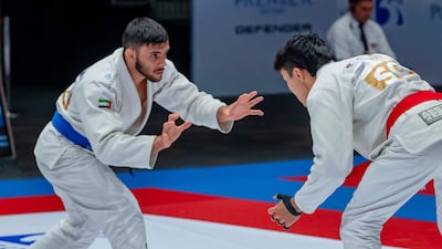 UAE's Omar Al Fadhli, left, won gold in the Adult Under-69kg category at the 2026 Jiu-Jitsu World Championship in Abu Dhabi. Photo: UAEBJJ