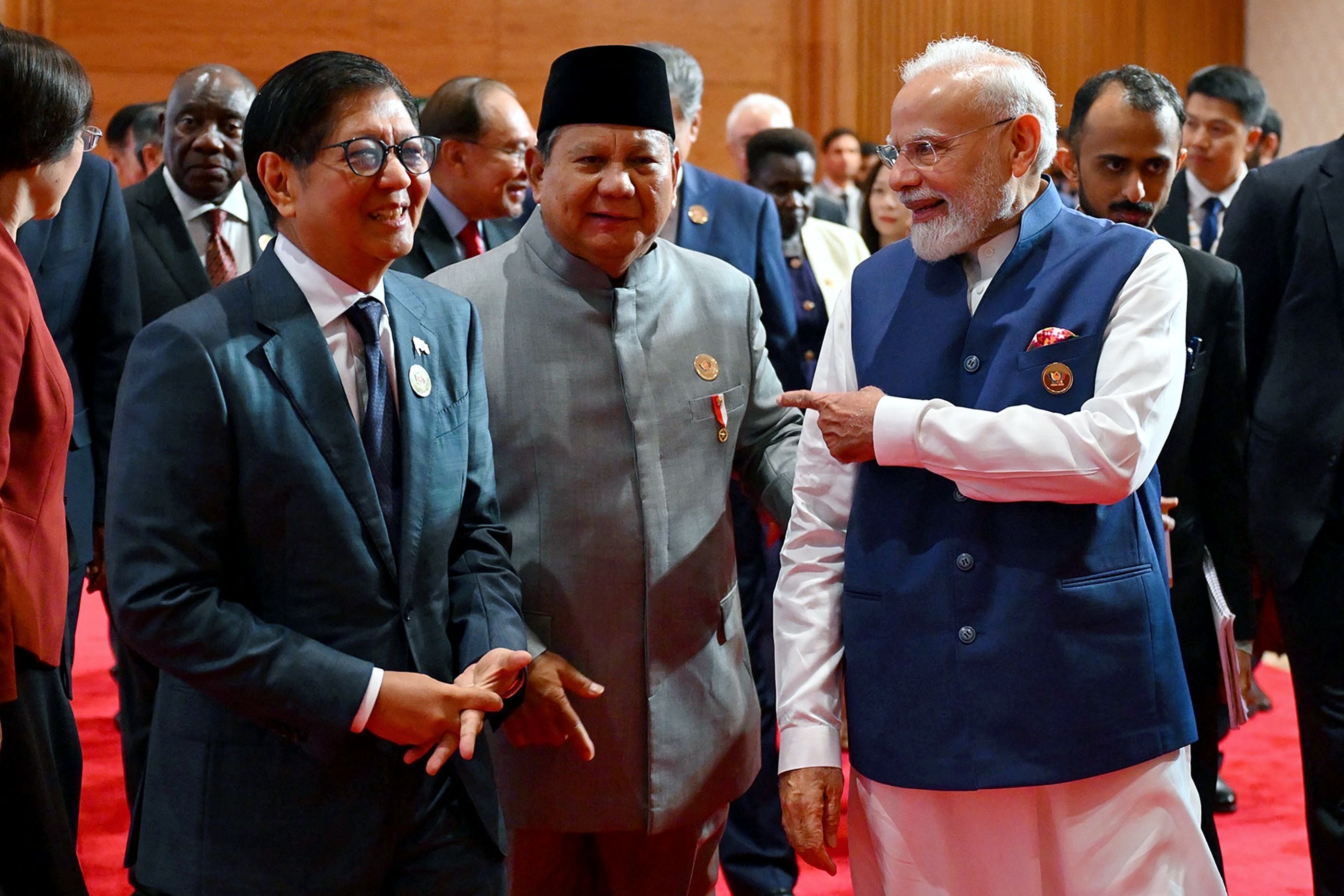From left, Philippines' President Ferdinand Marcos, Mr Subianto and Mr Modi. AFP