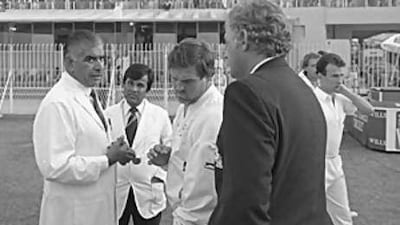 Jan 1987: Shakoor Rana the Pakistani umpire (left) with Mike Gatting of England (centre) and team manager Peter Lush during the controversial bust up over ball tampering in the test match against Pakistan.