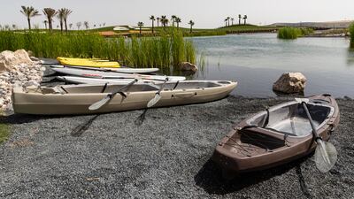 Paddle boards and boats by the lake