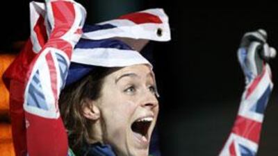 Britain's Amy Williams celebrates her gold medal victory in the women's skeleton event at the Vancouver 2010 Winter Olympics.