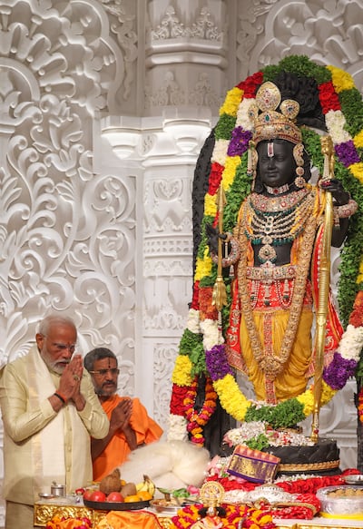 Indian Prime Minister Narendra Modi performs rituals during the inauguration ceremony of the Ram Mandir temple in Ayodhya, Uttar Pradesh. EPA