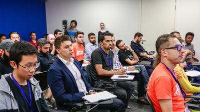 Students during the pitching workshop of the Dubai Startup Weekend at Astrolabs. Victor Besa for The National