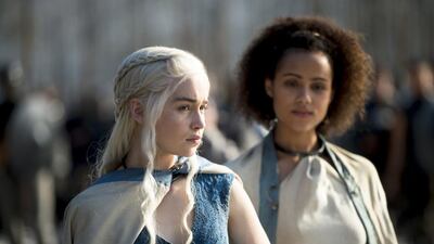 Emilia Clarke as Daenerys Targaryen and Nathalie Emmanuel as Missandei in season 4 of Game of Thrones. Courtesy OSN