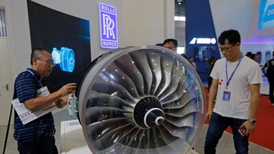 A model of Rolls-Royce Trent engine at Airshow China 2018. Rolls and GE are finalists for CR929 jet engine supply deal. AP