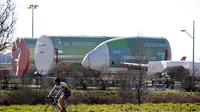 Sections of an Airbus A380 are seen outside the final assembly line site at Airbus headquarters in Blagnac, near Toulouse, France. REUTERS