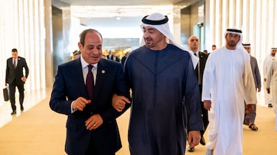 President Sheikh Mohamed receives Egyptian President Abdel Fattah El Sisi at the Presidential Airport. UAE Presidential Court