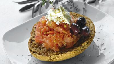 Dakos salad with Cretan homemade barley rusk, grated tomato, Feta cheese & extra virgin olive oil, at Elia, Dubai. Courtesy Elia
