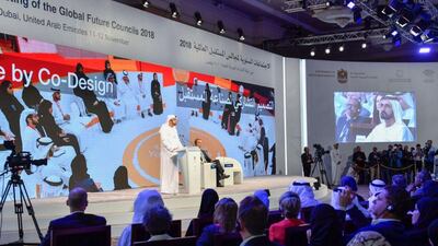 Mohammad Al Gergawi speaks to delegates about the need to legislate for the technologies of the future. Courtesy: Dubai Media Office