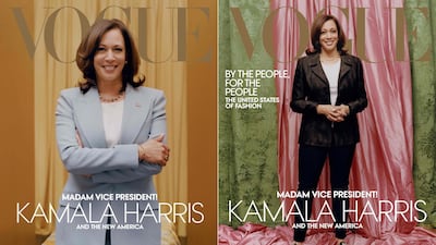 'Vogue' will release a limited number of issues featuring US Vice President-elect Kamala Harris in the blue Michael Kors Collection suit (left). The magazine was criticised for publishing the cover on the right, with Harris in a relaxed jacket and sneakers, with critics saying it diminishes her achievements. AFP / Vogue