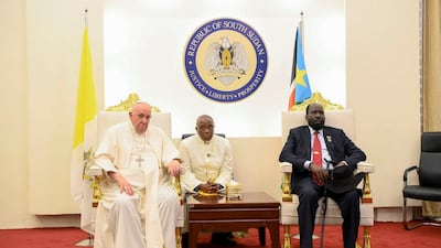 South Sudan's President Salva Kiir Mayardit receives Pope Francis. Reuters