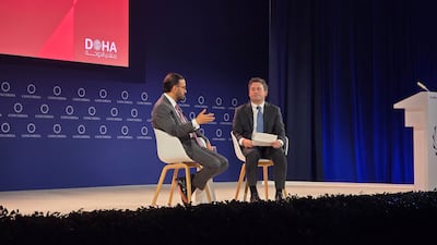Majed Al Ansari, left, spokesman for the Qatari Foreign Ministry, addresses the Concordia Annual Summit in New York on Monday. Mohamad Ali Harisi / The National