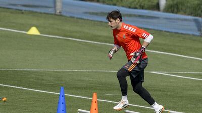 Real Madrid’s goalkeeper Iker Casillas practices during a training session the day before Real Madrid play Bayern Munich in a Uefa Champions League semi-final, first leg match in Madrid on Wednesday. AFP PHOTO / DANI POZO