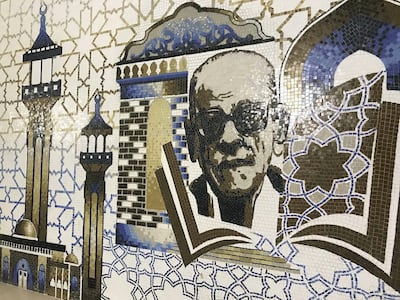 A mural of Naguib Mahfouz outside the entrance to the museum on the street by Sohair. Courtesy Walt Curnow